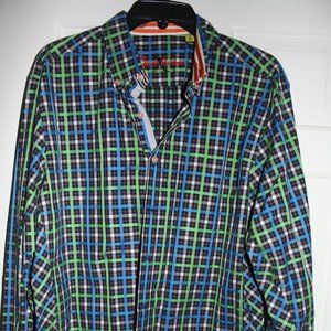 Robert Graham Blue Green Plaid Men's Button Down Long Sleeve Dress Shirt Size L